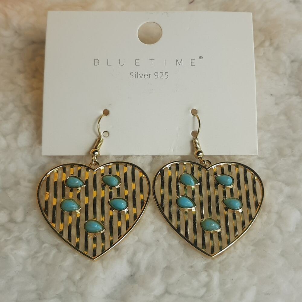 Heart Shaped Gold-Tone Dangle Earrings Turquoise Accents